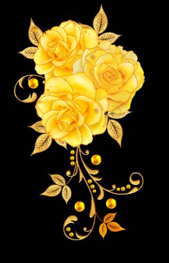 Altın dokulu bukleler. Parlak dantel, stilize çiçekler, sarı gül. Narin, altın arka plan dokuma ajur,