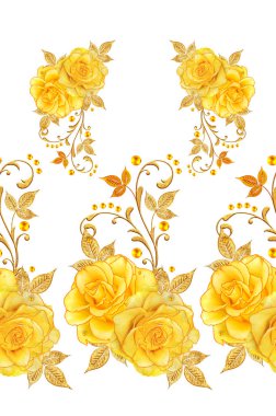 Seamless modeli. Altın dokulu bukleler. Parlak dantel, stilize çiçekler, sarı gül. Narin, altın arka plan dokuma ajur,