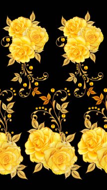 Seamless modeli. Altın dokulu bukleler. Parlak dantel, stilize çiçekler, sarı gül. Narin, altın arka plan dokuma ajur,