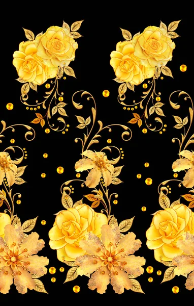 Naadloze Patroon Gouden Getextureerde Krullen Briljante Lace Gestileerde Bloemen Gele — Stockfoto