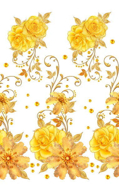 Jednolity Wzór Złote Loki Teksturą Genialny Koronki Stylizowane Kwiaty Żółte — Zdjęcie stockowe