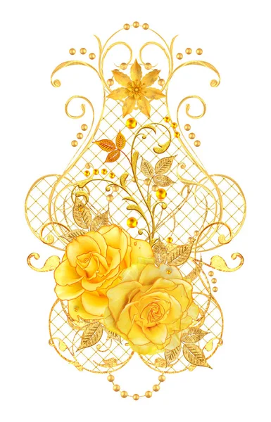 Rizos Dorados Texturizados Brillante Encaje Flores Estilizadas Rosa Amarilla Tejido — Foto de Stock