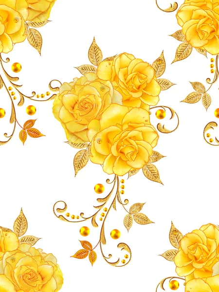 无缝模式 金色的卷发 明亮的蕾丝 风格化的花朵 黄色的玫瑰 开放的工作编织精致 金色的背景 — 图库照片