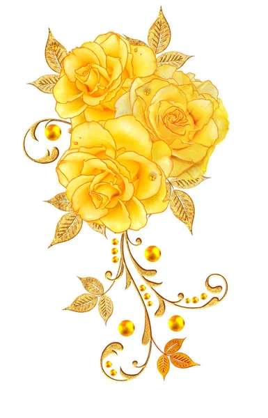 Arany Mintás Fürtök Ragyogó Csipke Stilizált Virágokkal Sárga Rózsa Áttört — Stock Fotó