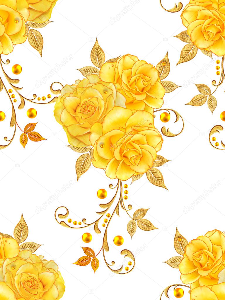 Seamless pattern. Golden textured curls. Brilliant lace, stylized flowers, yellow rose. Openwork weaving delicate, golden background,