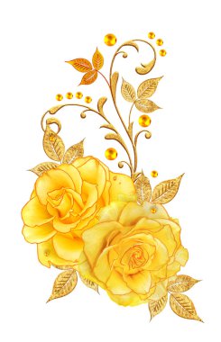 Altın dokulu bukleler. Parlak dantel, stilize çiçekler, sarı gül. Narin, altın arka plan dokuma ajur,