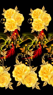 Seamless modeli. Altın dokulu bukleler. Parlak dantel, stilize çiçekler, sarı gül. Narin, altın arka plan dokuma ajur,