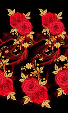 Seamless modeli. Dekoratif süs, desenli eleman, hassas dokulu yaprak güzel dantel ve inci yapılmış. Jeweled parlak bukleler, kırmızı gül, şık sarı çiçekler. Hassas dokuma ajur.