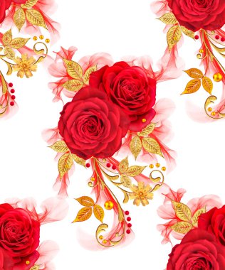 Seamless modeli. Dekoratif süs, desenli eleman, hassas dokulu yaprak güzel dantel ve inci yapılmış. Jeweled parlak bukleler, kırmızı gül, şık sarı çiçekler. Hassas dokuma ajur.