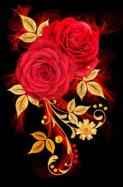 Dekoratif süs, desenli eleman, hassas dokulu yaprak güzel dantel ve inci yapılmış. Jeweled parlak bukleler, kırmızı gül, şık sarı çiçekler. Hassas dokuma ajur.