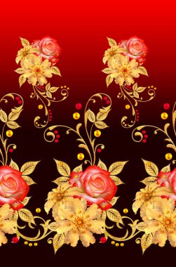 Seamless modeli. Dekoratif süs, desenli eleman, hassas dokulu yaprak güzel dantel ve inci yapılmış. Jeweled parlak bukleler, kırmızı gül, şık sarı çiçekler. Hassas dokuma ajur.