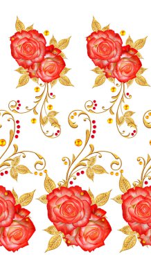 Seamless modeli. Dekoratif süs, desenli eleman, hassas dokulu yaprak güzel dantel ve inci yapılmış. Jeweled parlak bukleler, kırmızı gül, şık sarı çiçekler. Hassas dokuma ajur.