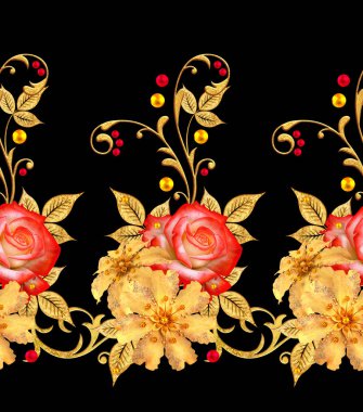 Seamless modeli. Dekoratif süs, desenli eleman, hassas dokulu yaprak güzel dantel ve inci yapılmış. Jeweled parlak bukleler, kırmızı gül, şık sarı çiçekler. Hassas dokuma ajur.