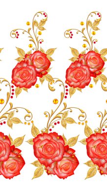 Seamless modeli. Dekoratif süs, desenli eleman, hassas dokulu yaprak güzel dantel ve inci yapılmış. Jeweled parlak bukleler, kırmızı gül, şık sarı çiçekler. Hassas dokuma ajur.