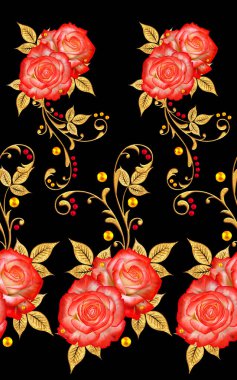 Seamless modeli. Dekoratif süs, desenli eleman, hassas dokulu yaprak güzel dantel ve inci yapılmış. Jeweled parlak bukleler, kırmızı gül, şık sarı çiçekler. Hassas dokuma ajur.