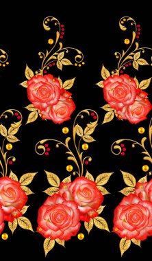 Seamless modeli. Dekoratif süs, desenli eleman, hassas dokulu yaprak güzel dantel ve inci yapılmış. Jeweled parlak bukleler, kırmızı gül, şık sarı çiçekler. Hassas dokuma ajur.