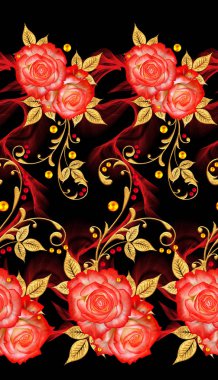 Seamless modeli. Dekoratif süs, desenli eleman, hassas dokulu yaprak güzel dantel ve inci yapılmış. Jeweled parlak bukleler, kırmızı gül, şık sarı çiçekler. Hassas dokuma ajur.