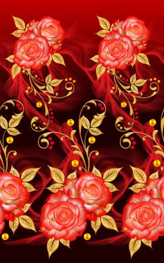 Seamless modeli. Dekoratif süs, desenli eleman, hassas dokulu yaprak güzel dantel ve inci yapılmış. Jeweled parlak bukleler, kırmızı gül, şık sarı çiçekler. Hassas dokuma ajur.