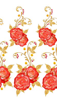 Seamless modeli. Dekoratif süs, desenli eleman, hassas dokulu yaprak güzel dantel ve inci yapılmış. Jeweled parlak bukleler, kırmızı gül, şık sarı çiçekler. Hassas dokuma ajur.
