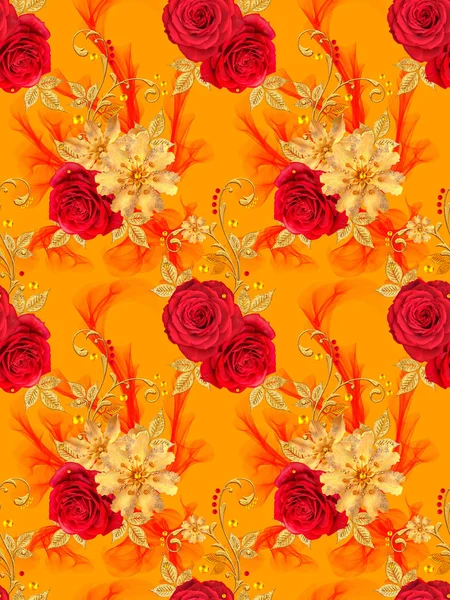 Seamless pattern. Decorative ornament, paisley element, delicate textured leaves made of fine lace and pearls. Jeweled shiny curls, red roses, stylish yellow flowers. Openwork weaving delicate.