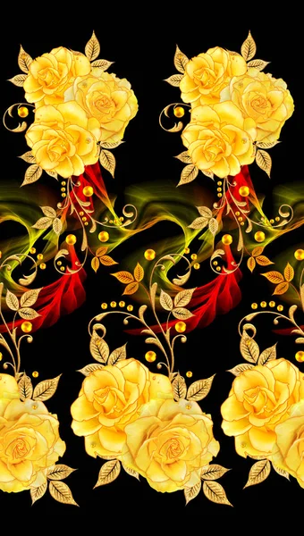 Patrón Sin Costuras Rizos Dorados Texturizados Brillante Encaje Flores Estilizadas —  Fotos de Stock