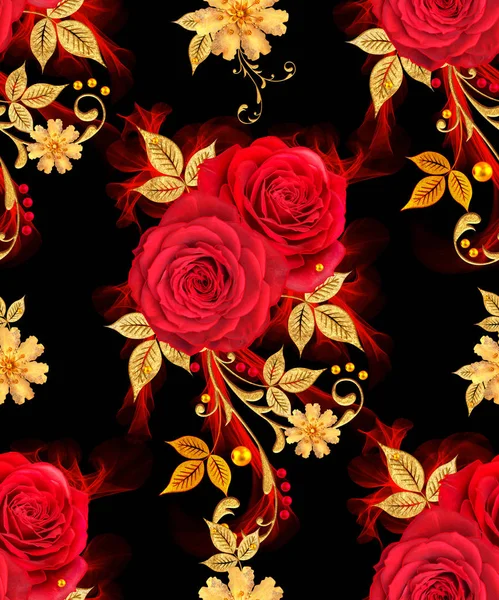 无缝模式 装饰装饰 派斯利元素 精致的纹理叶子 由精美的花边和珍珠制成 宝石般的闪亮卷发 红玫瑰 时尚的黄色花朵 开口织造精致 — 图库照片