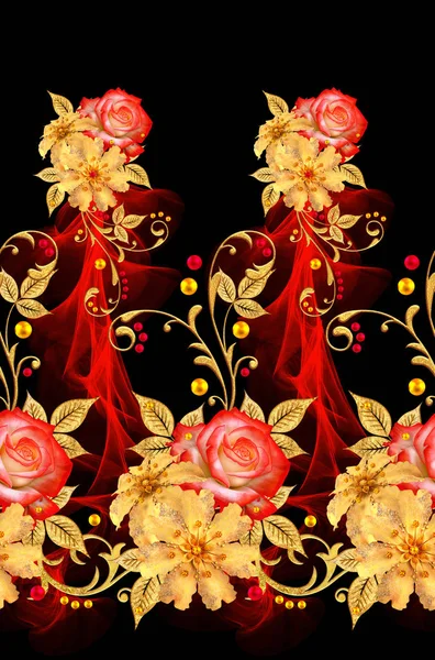 Seamless pattern. Decorative ornament, paisley element, delicate textured leaves made of fine lace and pearls. Jeweled shiny curls, red roses, stylish yellow flowers. Openwork weaving delicate.