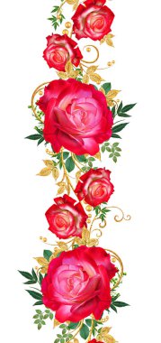 Seamless modeli. Dekoratif süs, desenli eleman, hassas dokulu yaprak güzel dantel ve inci yapılmış. Jeweled parlak bukleler, kırmızı gül, şık sarı çiçekler. Hassas dokuma ajur.