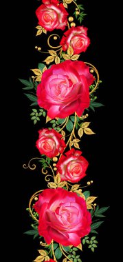 Seamless modeli. Dekoratif süs, desenli eleman, hassas dokulu yaprak güzel dantel ve inci yapılmış. Jeweled parlak bukleler, kırmızı gül, şık sarı çiçekler. Hassas dokuma ajur.