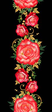 Seamless modeli. Dekoratif süs, desenli eleman, hassas dokulu yaprak güzel dantel ve inci yapılmış. Jeweled parlak bukleler, kırmızı gül, şık sarı çiçekler. Hassas dokuma ajur.