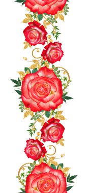 Seamless modeli. Dekoratif süs, desenli eleman, hassas dokulu yaprak güzel dantel ve inci yapılmış. Jeweled parlak bukleler, kırmızı gül, şık sarı çiçekler. Hassas dokuma ajur.