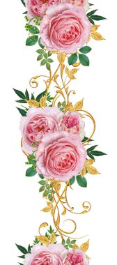 Seamless modeli. Dekoratif süs, desenli eleman, hassas dokulu yaprak güzel dantel ve inci yapılmış. Jeweled parlak bukleler, kırmızı gül, şık sarı çiçekler. Hassas dokuma ajur.