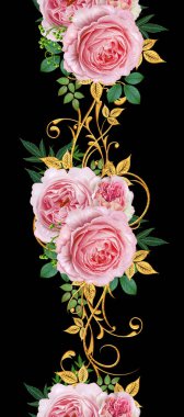 Seamless modeli. Dekoratif süs, desenli eleman, hassas dokulu yaprak güzel dantel ve inci yapılmış. Jeweled parlak bukleler, kırmızı gül, şık sarı çiçekler. Hassas dokuma ajur.