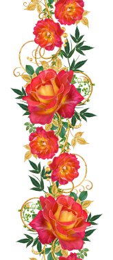 Seamless modeli. Dekoratif süs, desenli eleman, hassas dokulu yaprak güzel dantel ve inci yapılmış. Jeweled parlak bukleler, kırmızı gül, şık sarı çiçekler. Hassas dokuma ajur.