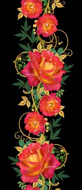 Seamless modeli. Dekoratif süs, desenli eleman, hassas dokulu yaprak güzel dantel ve inci yapılmış. Jeweled parlak bukleler, kırmızı gül, şık sarı çiçekler. Hassas dokuma ajur.