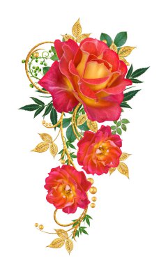 Dekoratif süs, desenli eleman, hassas dokulu yaprak güzel dantel ve inci yapılmış. Parlak bukleler, kırmızı gül jeweled. Hassas dokuma ajur.