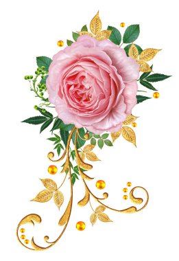 Dekoratif süs, desenli eleman, hassas dokulu yaprak güzel dantel ve inci yapılmış. Parlak bukleler, pembe gül jeweled. Hassas dokuma ajur.