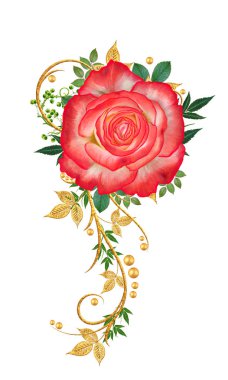 Dekoratif süs, desenli eleman, hassas dokulu yaprak güzel dantel ve inci yapılmış. Parlak bukleler, kırmızı gül jeweled. Hassas dokuma ajur.