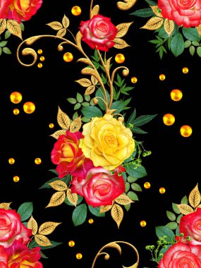 Seamless modeli. Dekoratif süs, desenli eleman, hassas dokulu yaprak güzel dantel ve inci yapılmış. Jeweled parlak bukleler, kırmızı gül, şık sarı çiçekler. Hassas dokuma ajur.