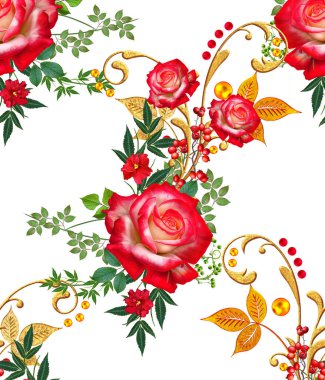 Seamless modeli. Dekoratif süs, desenli eleman, hassas dokulu yaprak güzel dantel ve inci yapılmış. Jeweled parlak bukleler, kırmızı gül, şık sarı çiçekler. Hassas dokuma ajur.