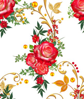 Seamless modeli. Dekoratif süs, desenli eleman, hassas dokulu yaprak güzel dantel ve inci yapılmış. Jeweled parlak bukleler, kırmızı gül, şık sarı çiçekler. Hassas dokuma ajur.