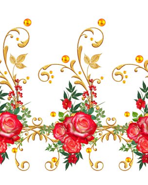 Seamless modeli. Dekoratif süs, desenli eleman, hassas dokulu yaprak güzel dantel ve inci yapılmış. Jeweled parlak bukleler, kırmızı gül, şık sarı çiçekler. Hassas dokuma ajur.