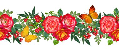 Çiçek seamless modeli. Kırmızı büyük gül, yeşil yaprakları, sarı çiçekler, kelebek.