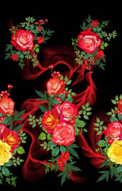 Çiçek seamless modeli. Kırmızı büyük gül, yeşil yaprakları, sarı çiçek.