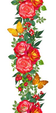 Çiçek seamless modeli. Kırmızı büyük gül, yeşil yaprakları, sarı çiçekler, kelebek.