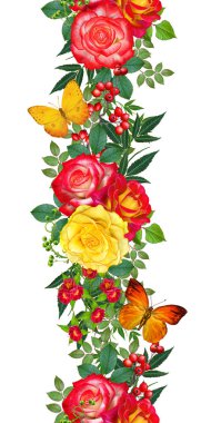 Çiçek seamless modeli. Kırmızı büyük gül, yeşil yaprakları, sarı çiçekler, kelebek.