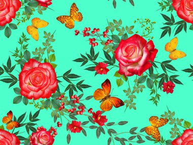 Çiçek seamless modeli. Kırmızı büyük gül, yeşil yaprakları, sarı çiçekler, kelebek.