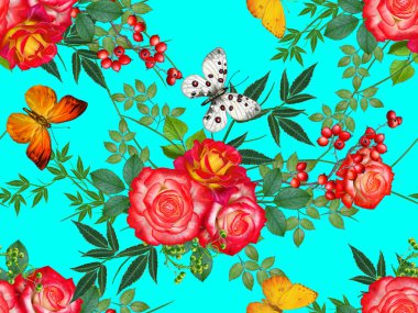 Çiçek seamless modeli. Kırmızı büyük gül, yeşil yaprakları, sarı çiçekler, kelebek.