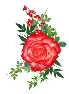 Çiçek kompozisyon. Bir buket sarı, kırmızı, koyu kırmızı gül, parlak küçük çiçekler, yeşil yaprakları. Beyaz izole