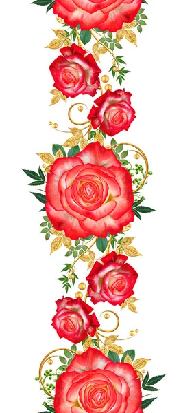 Seamless modeli. Dekoratif süs, desenli eleman, hassas dokulu yaprak güzel dantel ve inci yapılmış. Jeweled parlak bukleler, kırmızı gül, şık sarı çiçekler. Hassas dokuma ajur.